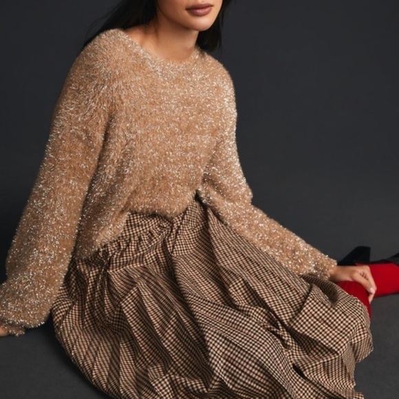 Anthropologie Maeve Tinsel Eyelash Sweater in Sand Tan Silver Size XL - Picture 6 of 14